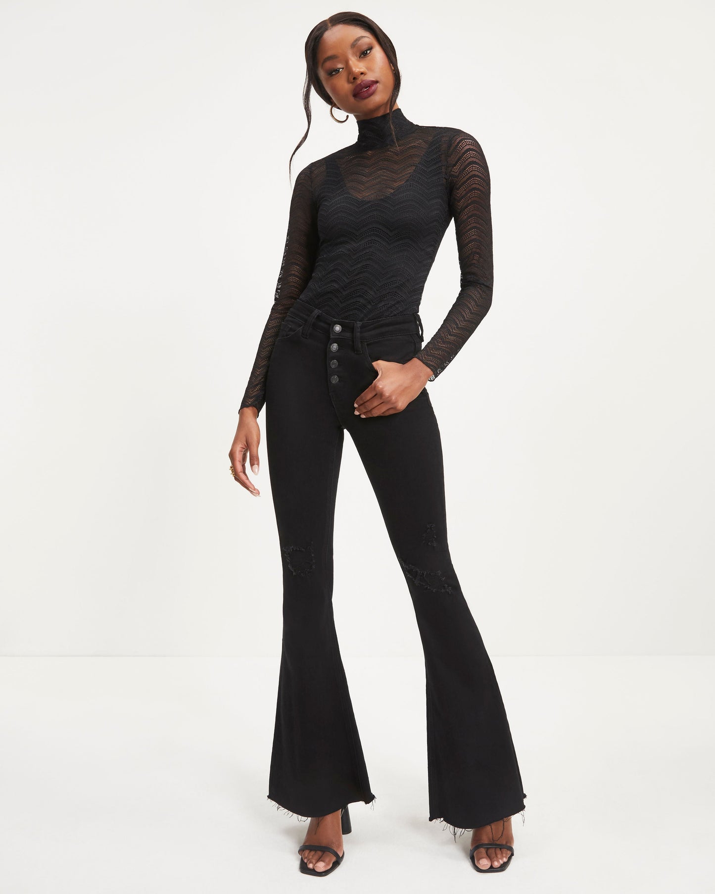 Annabella Crochet Lace Mock Neck Bodysuit - Black
