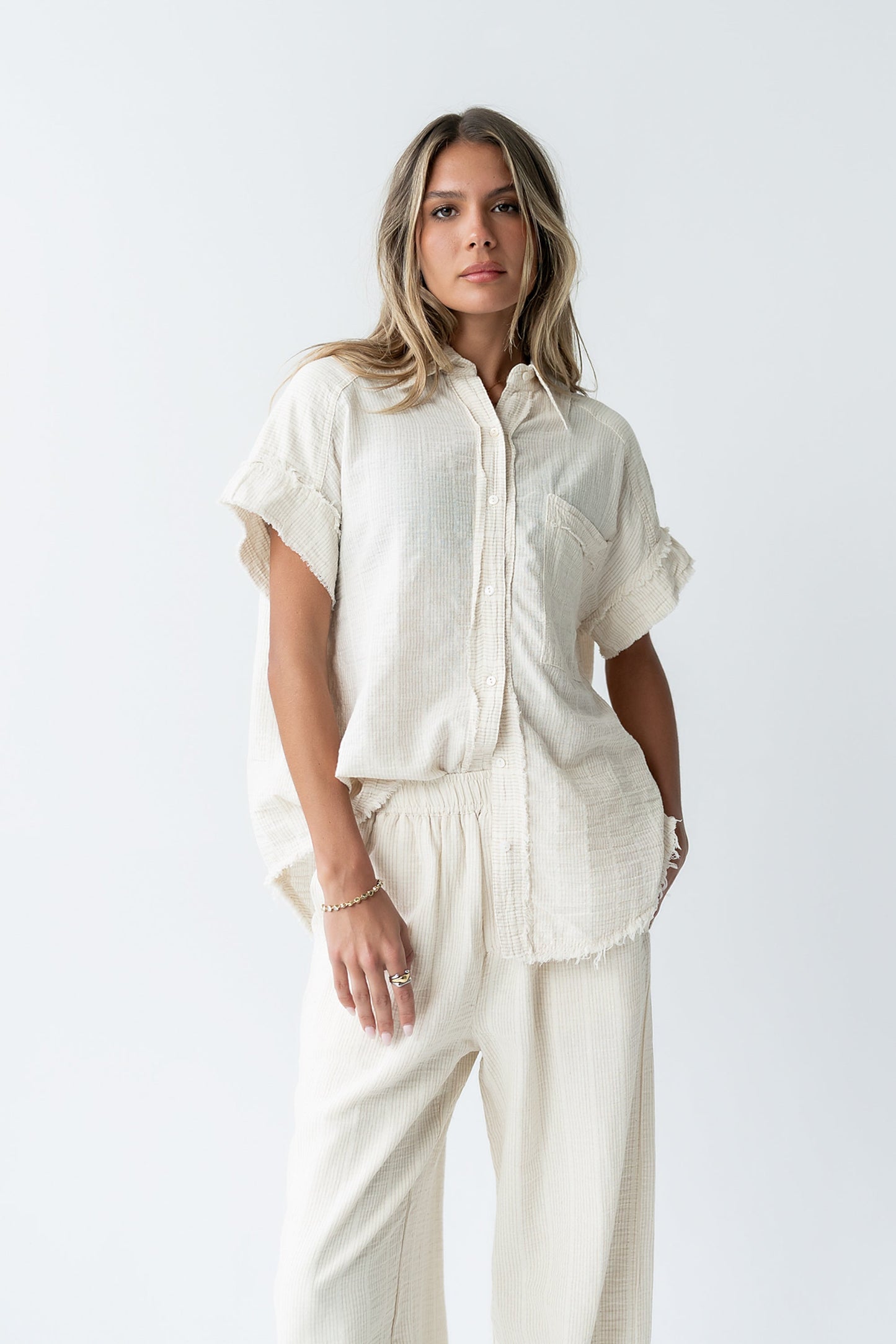 Belen Striped Button Up in Taupe - FINAL SALE