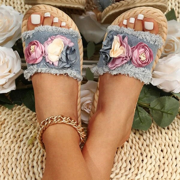 Cute Flower Decor Raw Trim Slippers