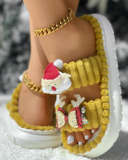Christmas Cartoon Santa Claus Pattern Double Strap Fuzzy Winter Slippers