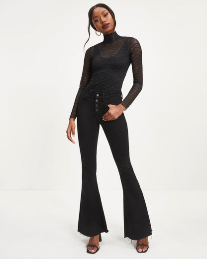 Annabella Crochet Lace Mock Neck Bodysuit - Black