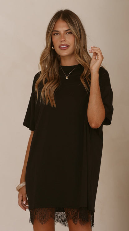 Saya T Shirt Lace Mini Dress - Black