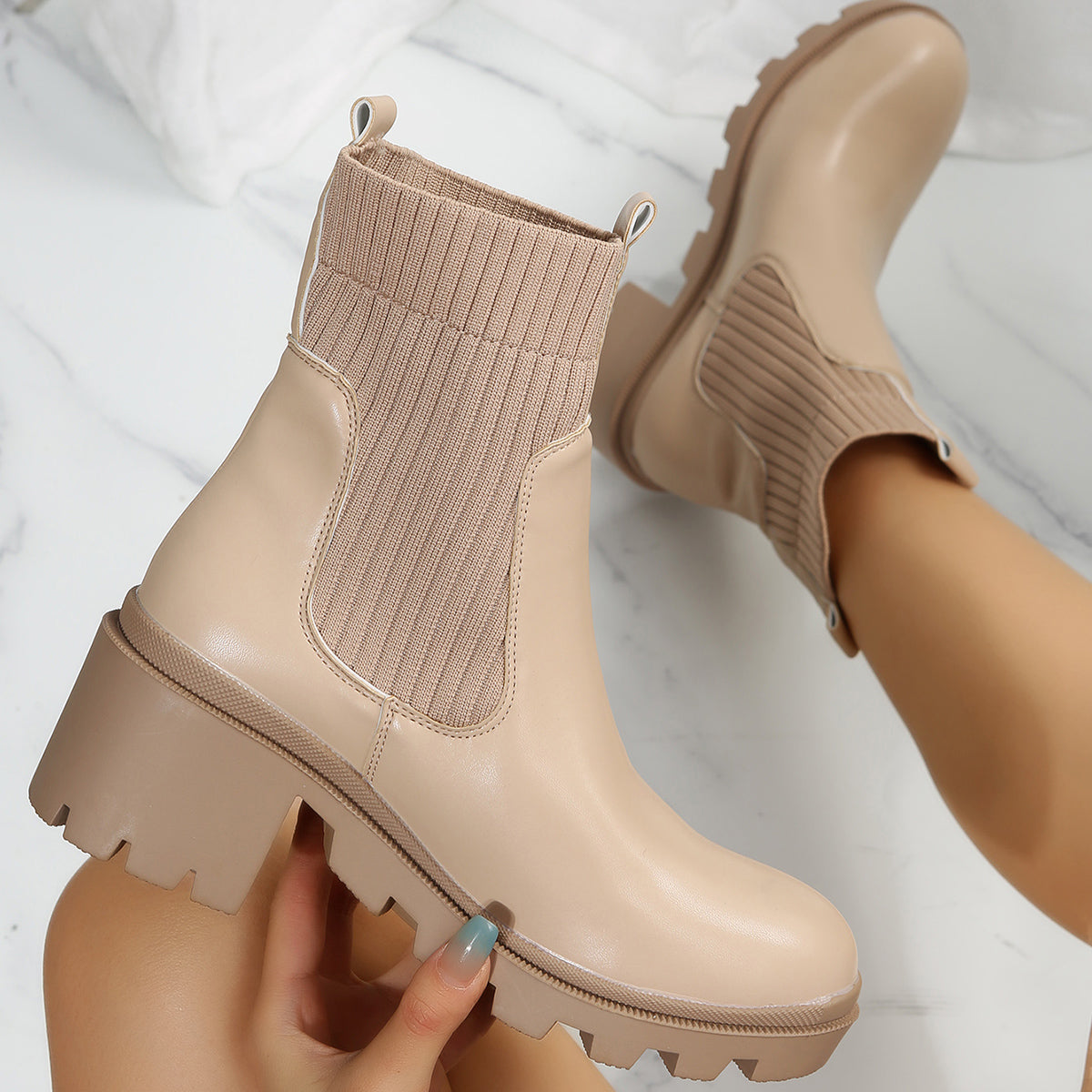 Chunky Heel Chelsea Ankle Boots Elastic Lug Sole Platform Booties