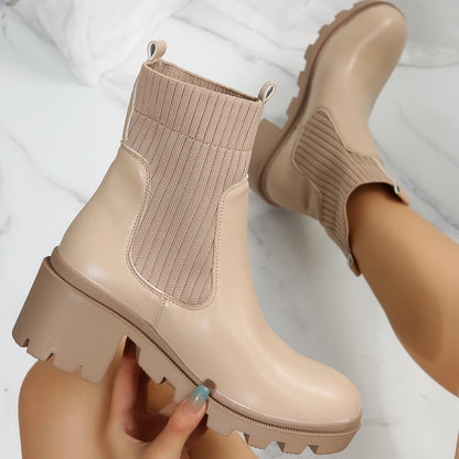 Chunky Heel Chelsea Ankle Boots Elastic Lug Sole Platform Booties
