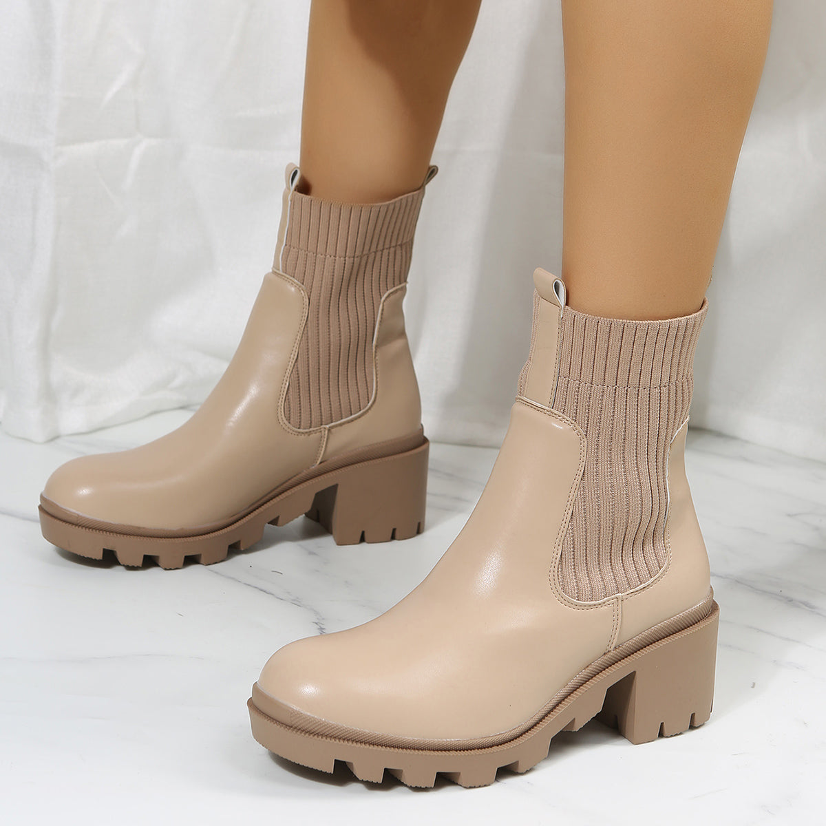 Chunky Heel Chelsea Ankle Boots Elastic Lug Sole Platform Booties
