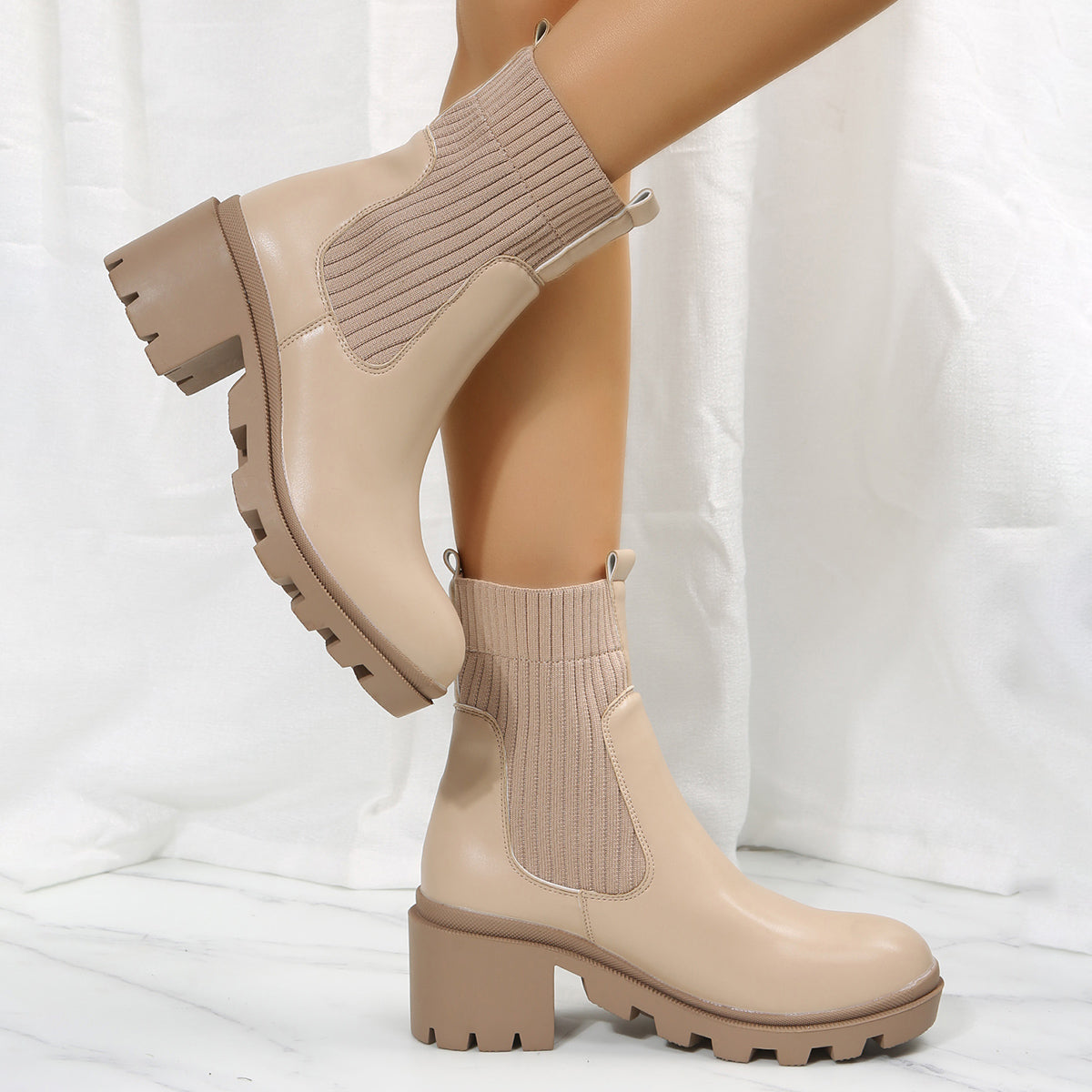 Chunky Heel Chelsea Ankle Boots Elastic Lug Sole Platform Booties