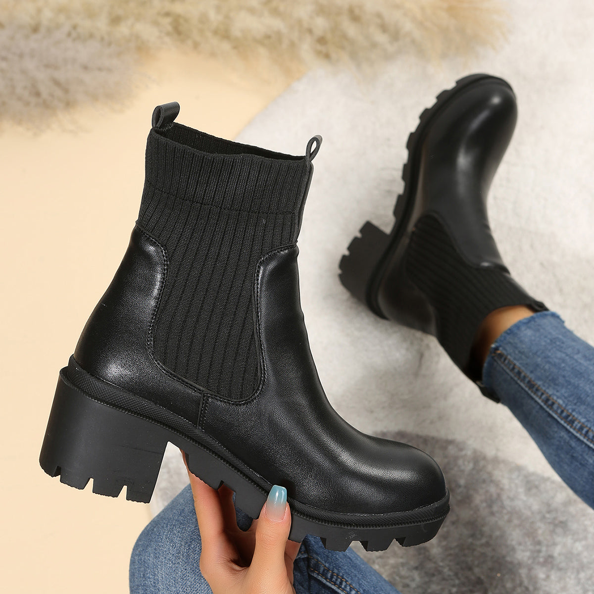 Chunky Heel Chelsea Ankle Boots Elastic Lug Sole Platform Booties