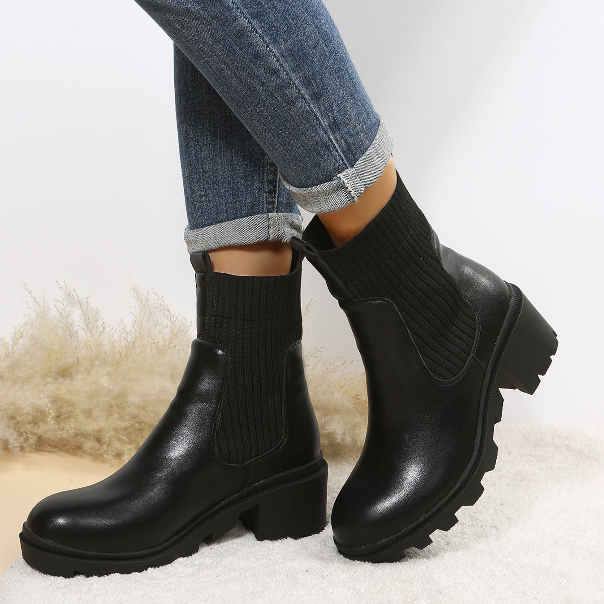 Chunky Heel Chelsea Ankle Boots Elastic Lug Sole Platform Booties