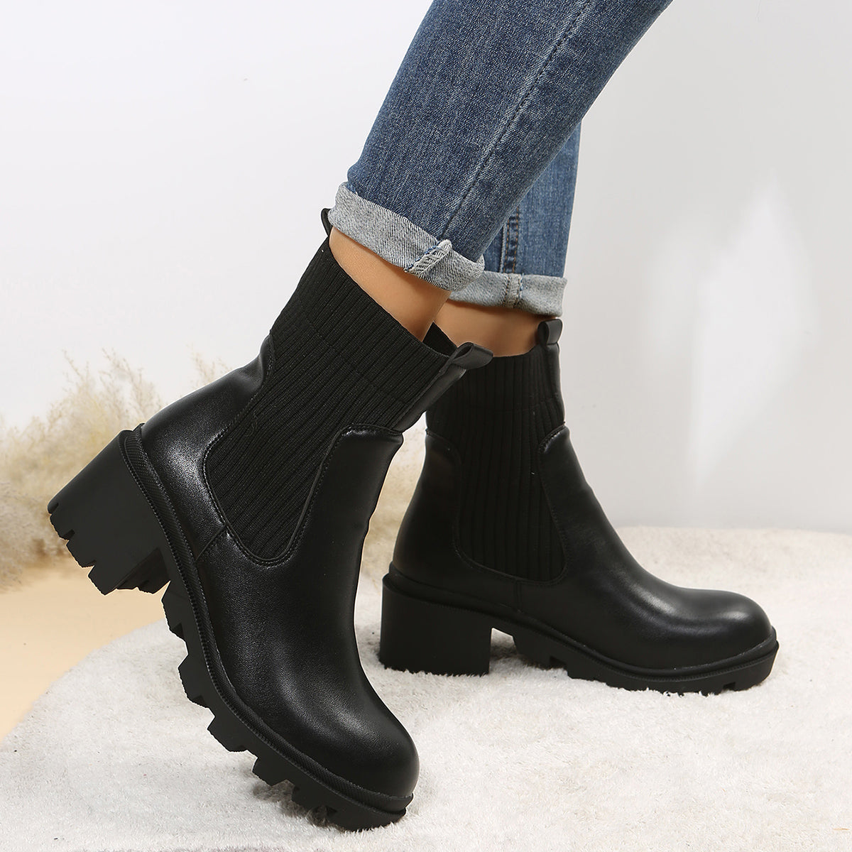 Chunky Heel Chelsea Ankle Boots Elastic Lug Sole Platform Booties