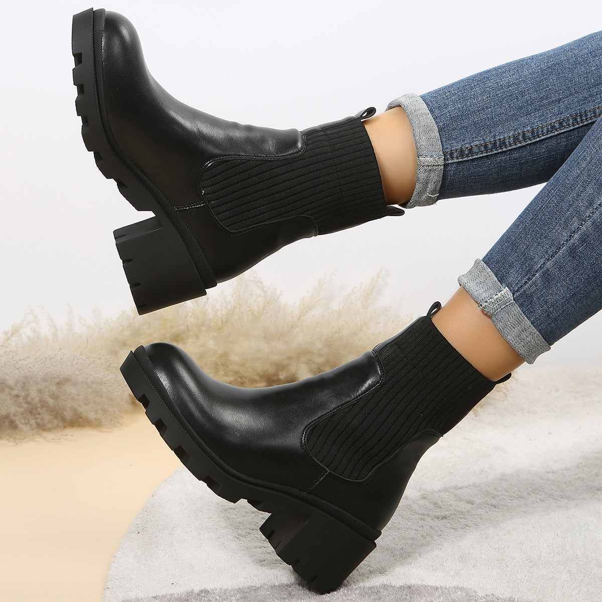 Chunky Heel Chelsea Ankle Boots Elastic Lug Sole Platform Booties