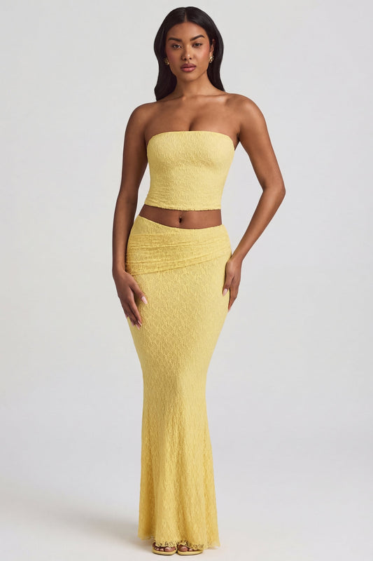 Draped Low-Rise Lace Maxi Skirt in Pastel Yellow