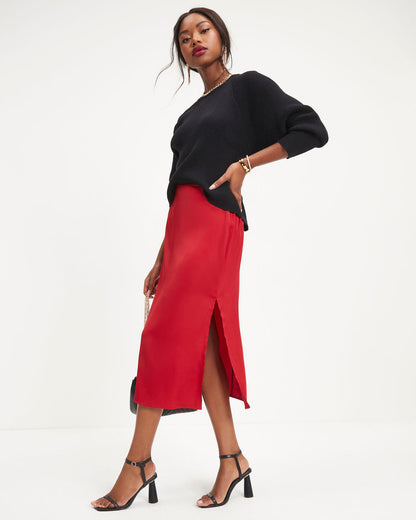 Everly Mine Matte Satin Side Slit Midi Skirt - Red