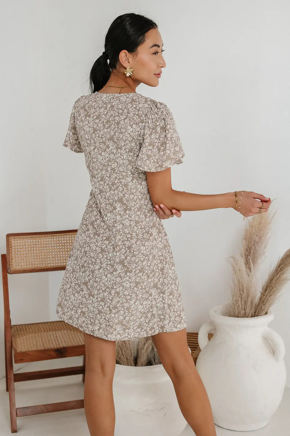 Abbie Floral Mini Dress in Taupe - FINAL SALE
