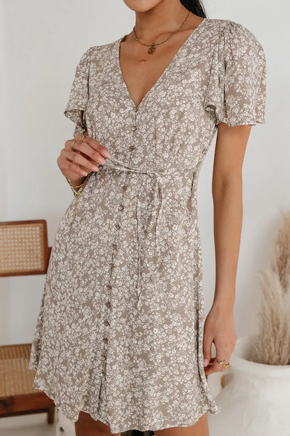Abbie Floral Mini Dress in Taupe - FINAL SALE
