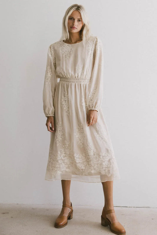 Andee Embroidered Midi Dress in Champagne - FINAL SALE