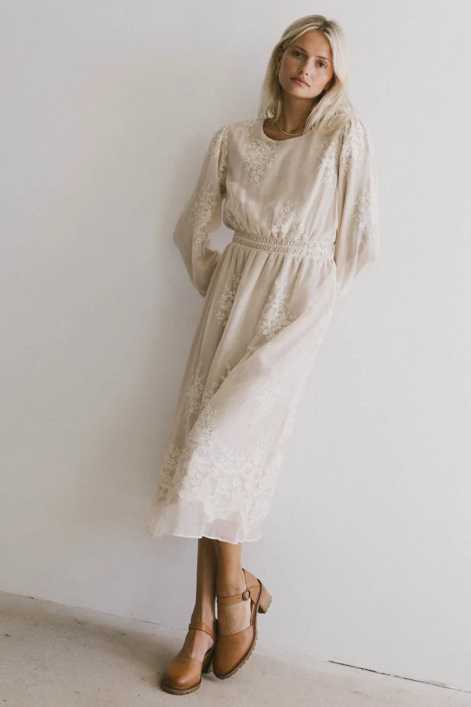 Andee Embroidered Midi Dress in Champagne - FINAL SALE
