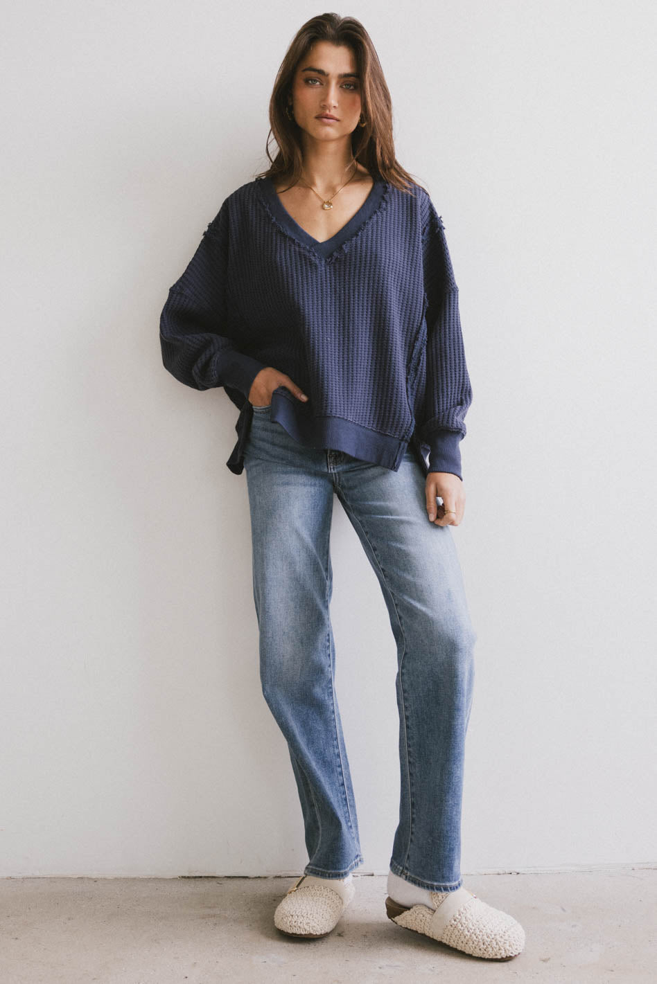 Ellis Waffle Knit Top in Navy - FINAL SALE