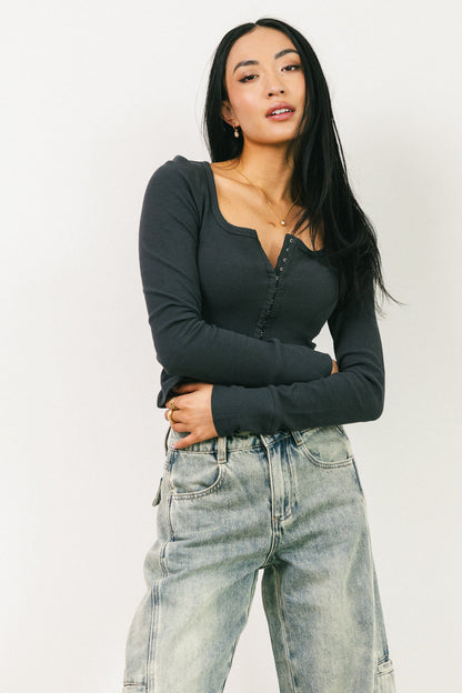 Abigail Waffle Knit Top in Charcoal - FINAL SALE