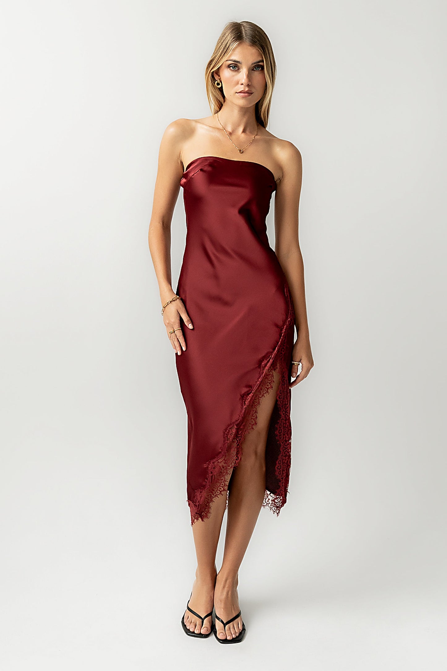 Goldie Lace Trim Midi Dress in Wine - FINAL SALE