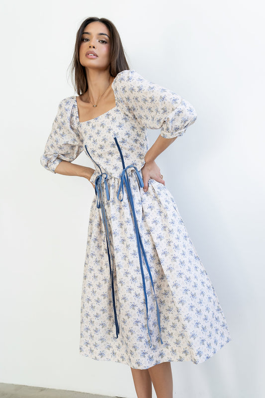 Gloria Floral Midi Dress in Ecru - FINAL SALE