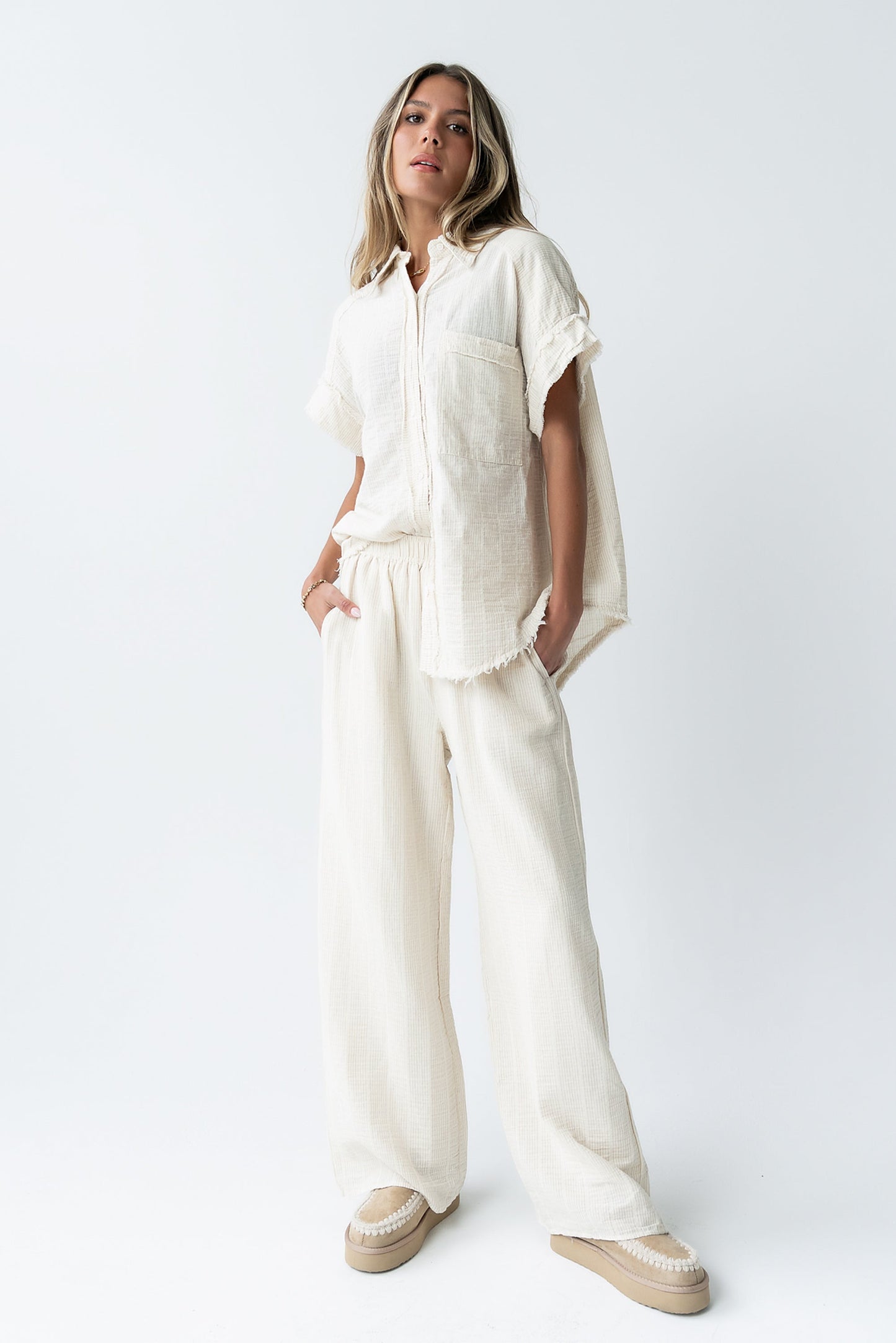 Belen Striped Button Up in Taupe - FINAL SALE