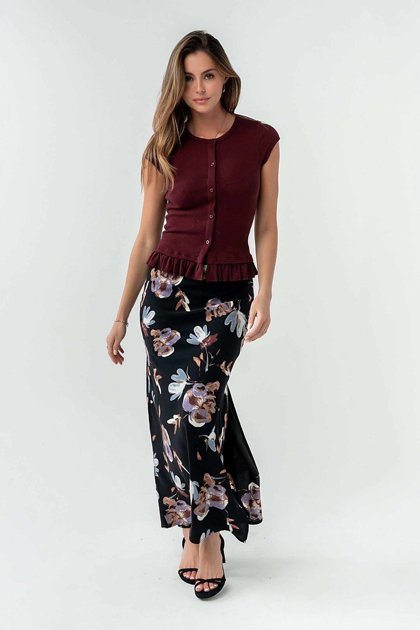 Eden Floral Midi Skirt in Black