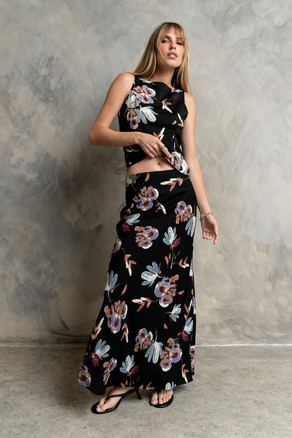 Eden Floral Midi Skirt in Black