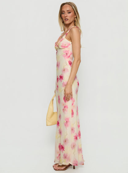 Baley Bias Cut Frill Maxi Dress White Floral