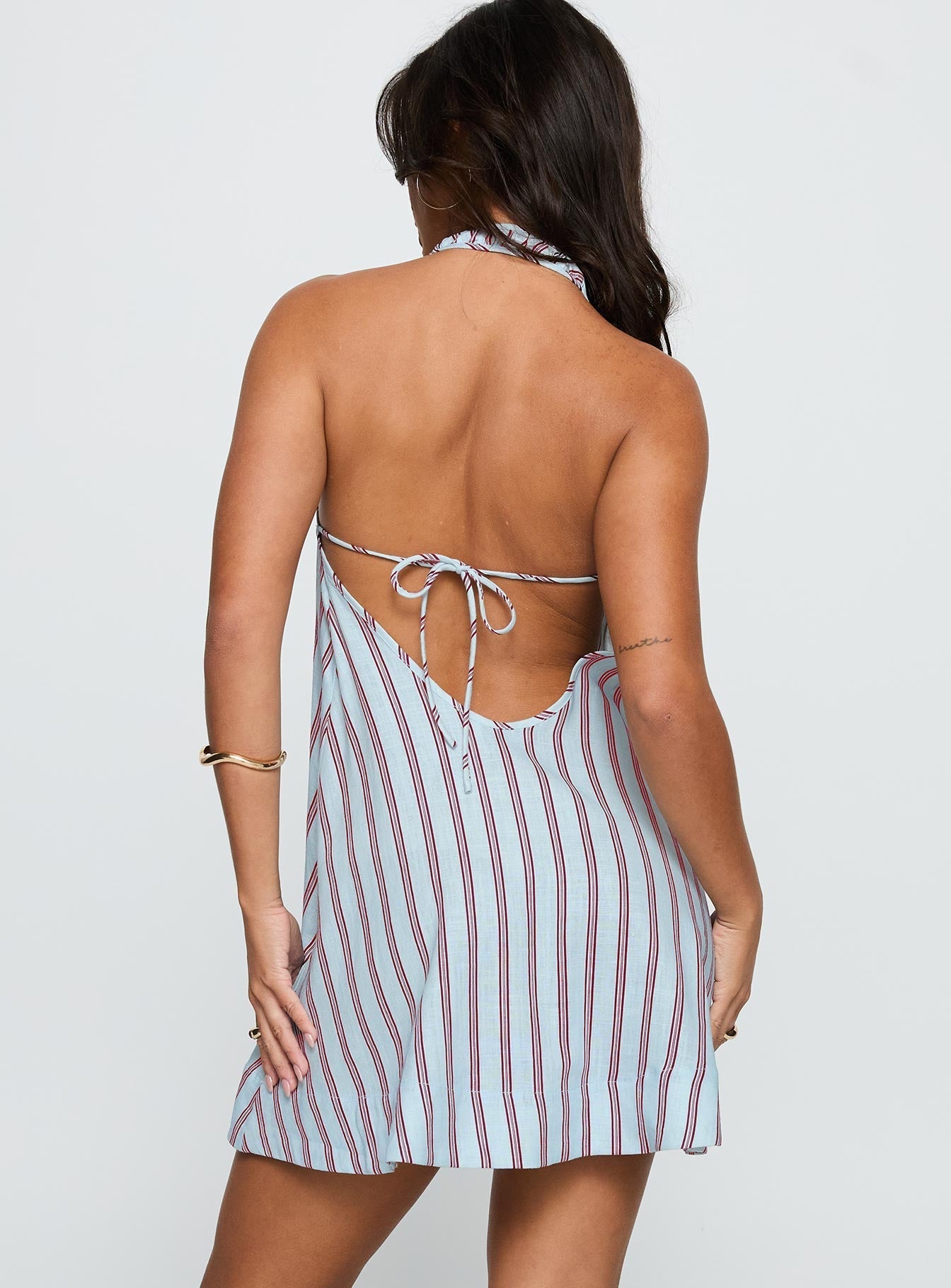 Daydreams Linen Blend Halter Mini Dress Blue / Maroon Stripe