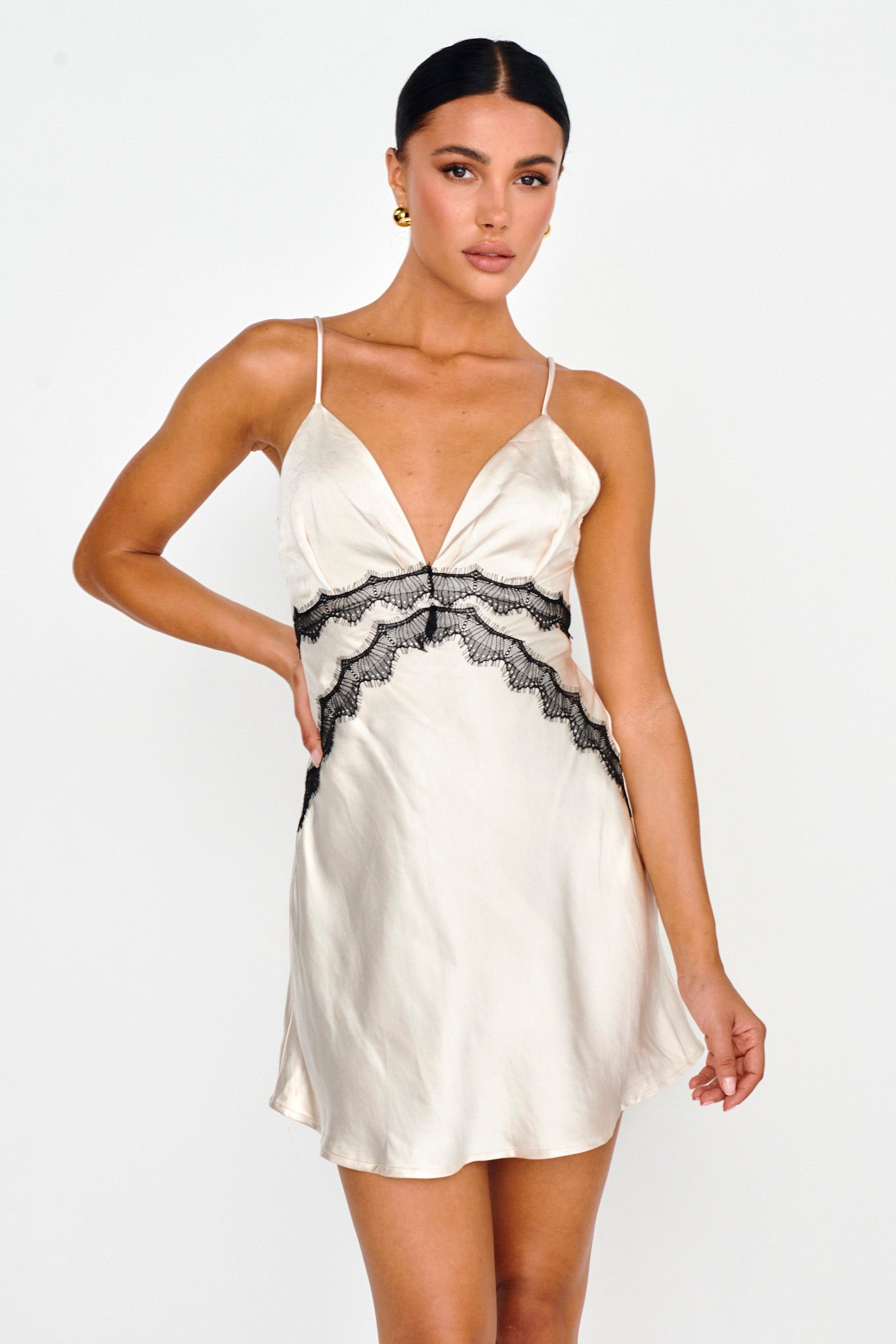 Theriz Lace Trim Cami Mini Dress Champagne