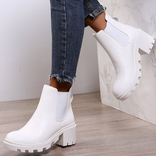 Faux Leather Chelsea Chunky Heel Ankle Boots Lug Sole Booties