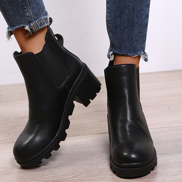 Faux Leather Chelsea Chunky Heel Ankle Boots Lug Sole Booties