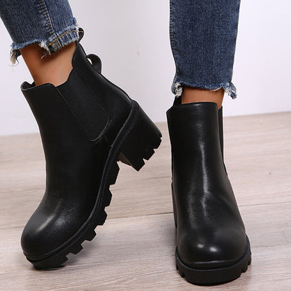Faux Leather Chelsea Chunky Heel Ankle Boots Lug Sole Booties