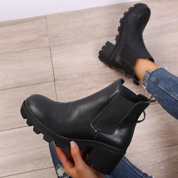 Faux Leather Chelsea Chunky Heel Ankle Boots Lug Sole Booties