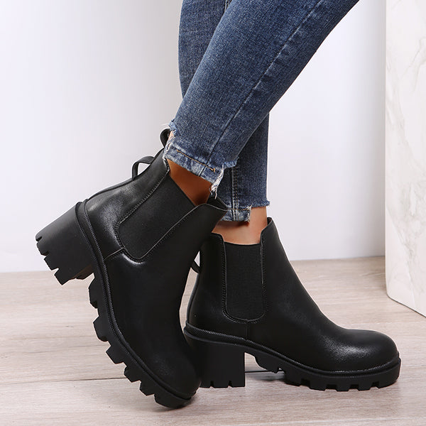 Faux Leather Chelsea Chunky Heel Ankle Boots Lug Sole Booties