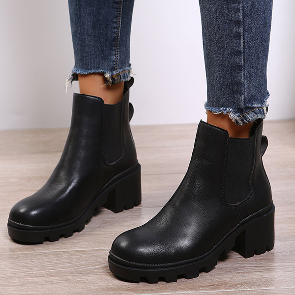 Faux Leather Chelsea Chunky Heel Ankle Boots Lug Sole Booties