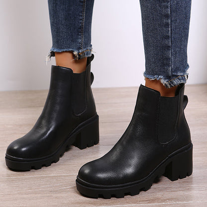 Faux Leather Chelsea Chunky Heel Ankle Boots Lug Sole Booties
