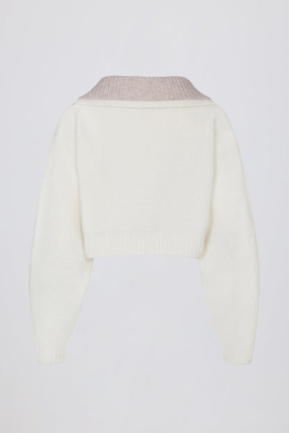 Soft Knit Layered Collar Cropped Jumper in Ivory