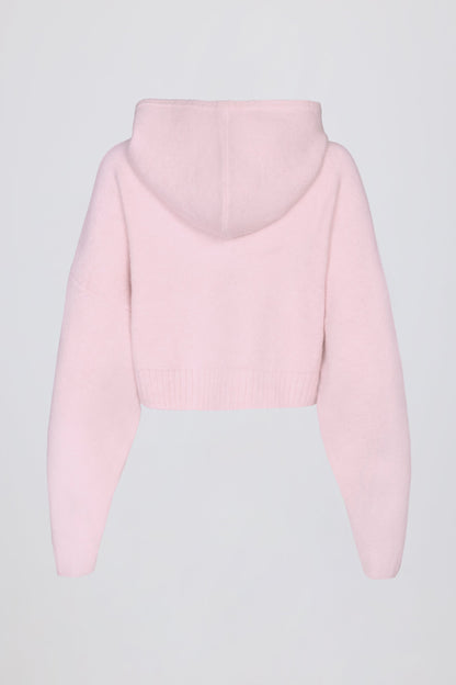 Soft Knit Zip-Up Cropped Hoodie in Soft Pink