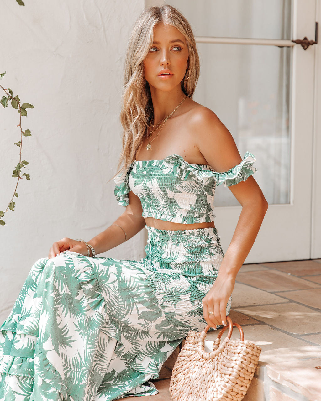 Bolivia Smocked Palm Print Crop Top