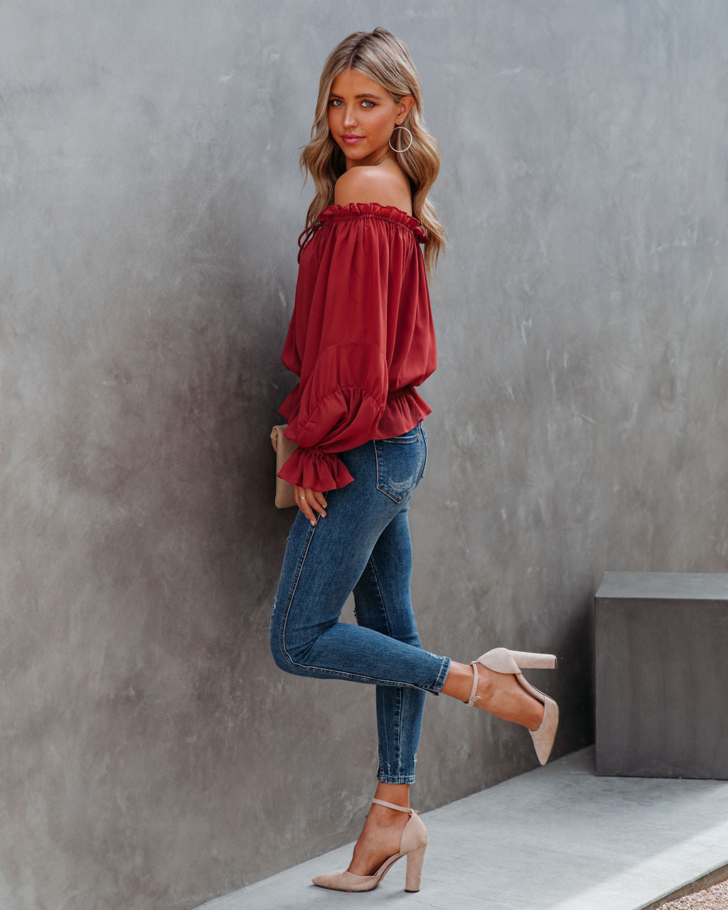 Caydence Chiffon Off The Shoulder Blouse - Wine