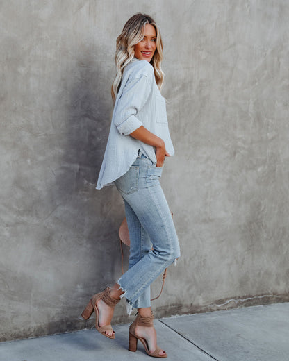 Cobie Cotton Frayed Button Down Top - Light Blue