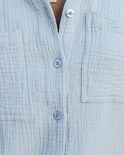Cobie Cotton Frayed Button Down Top - Light Blue
