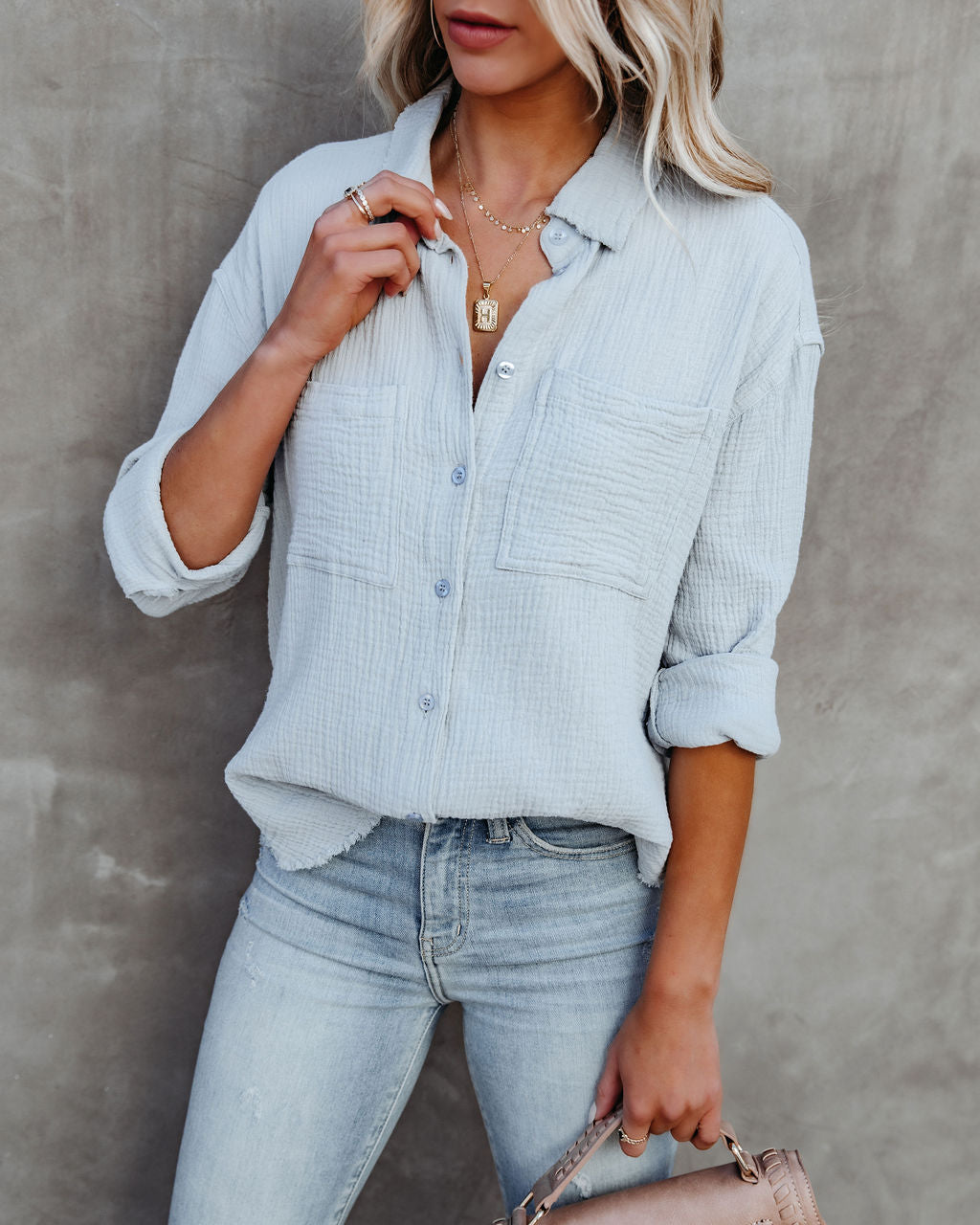 Cobie Cotton Frayed Button Down Top - Light Blue