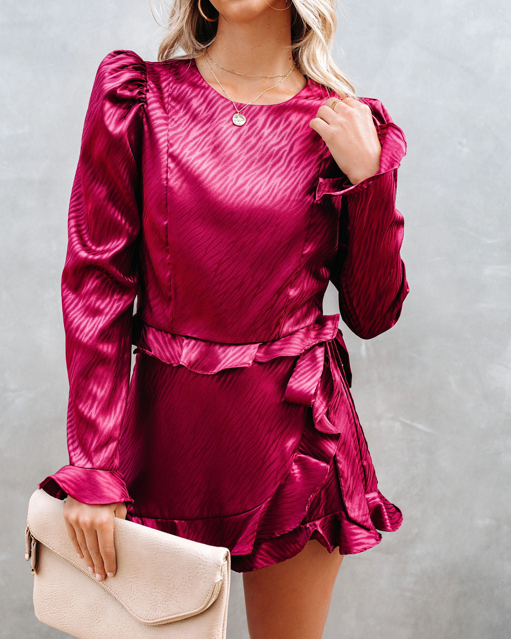 Define Beauty Satin Embossed Wrap Skort - Wine