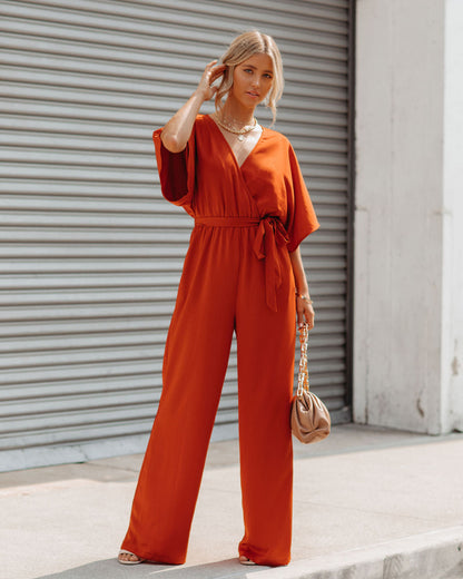 Empowered Satin Pocketed Jumpsuit - Burnt Orange