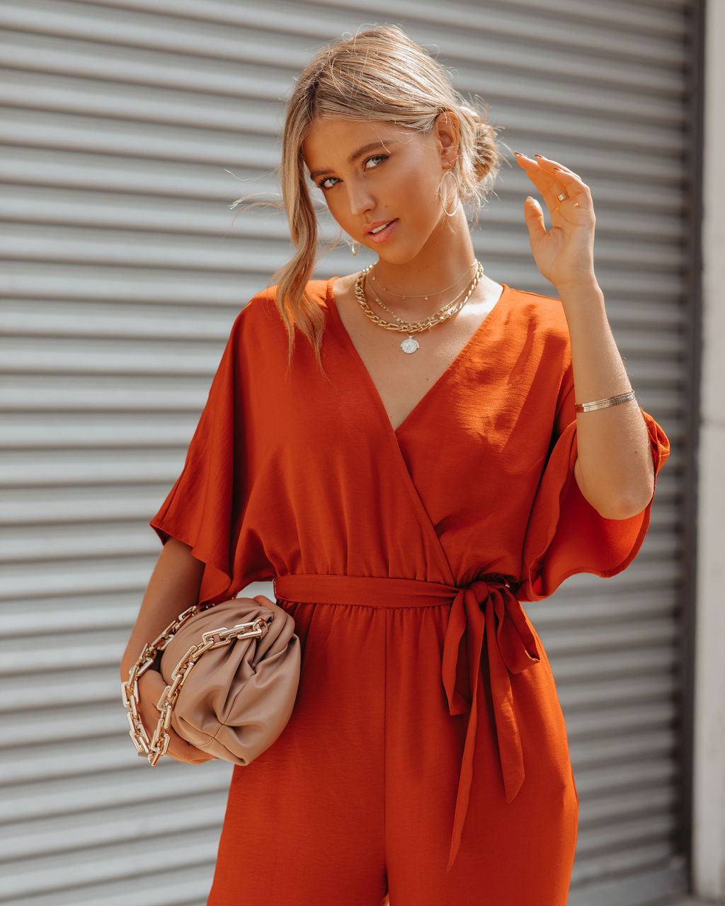 Empowered Satin Pocketed Jumpsuit - Burnt Orange