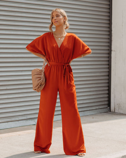 Empowered Satin Pocketed Jumpsuit - Burnt Orange