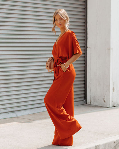 Empowered Satin Pocketed Jumpsuit - Burnt Orange
