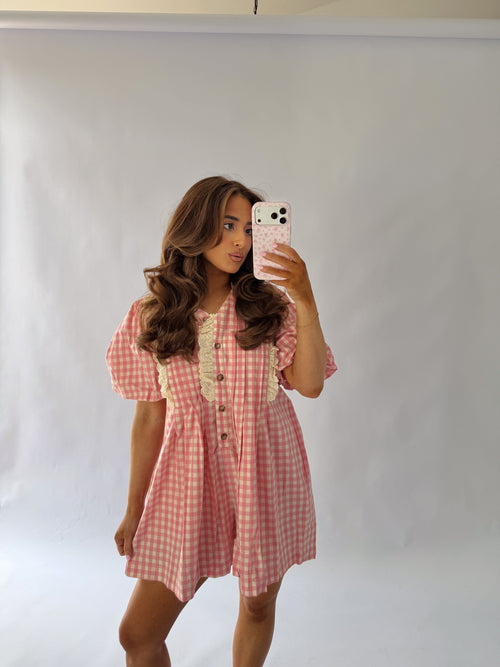 Cotton Candy Gingham Bubble Puff Sleeve Romper